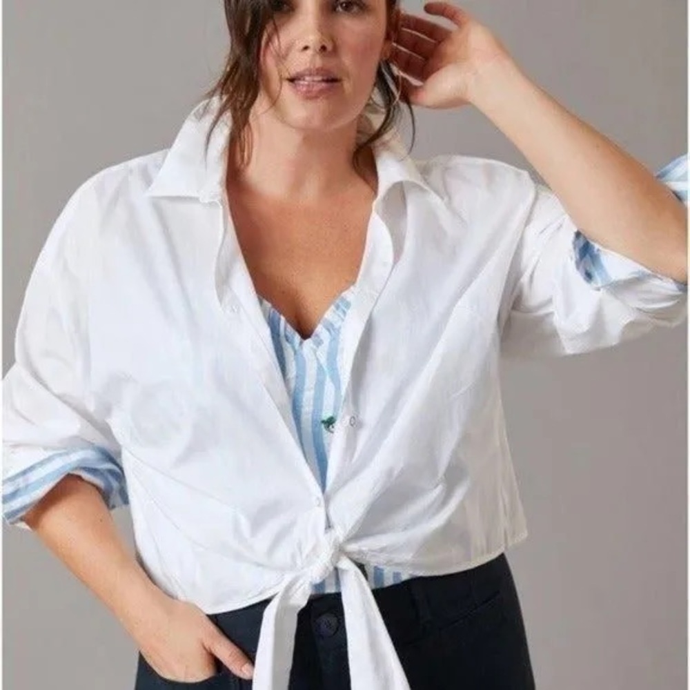 Anthropologie Maeve White Cotton Striped Accent Button Down Top EUC Size 10